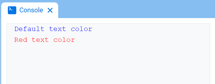The VEXcode Console, showing the Console and blue-colored text saying "Default text color" displayed on the first line and red-colored "Red text color" on the second line, with a grey rectangle to the right of "Red text color" showing where the cursor is.