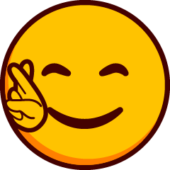 A closed eyed grinning emoji holding up crossed fingers.