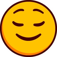 A closed mouth grinning emoji with closed peaceful eyes and raised eyebrows.