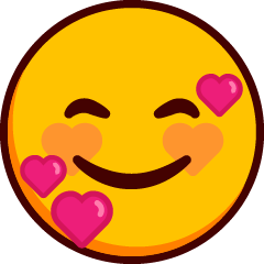 A grinning emoji with closed happy eyes and heart shaped blushing cheeks, with pink hearts around the face.