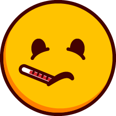 An emoji with swollen eyes and a thermometer sticking out of its closed mouth.
