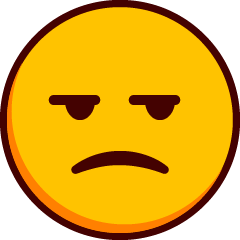 A slightly frowning emoji with half open scowling eyes looking to the right.