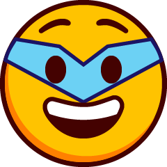 A smiling emoji with an open mouth and raised eyebrows, with a super hero style mask over its eyes.