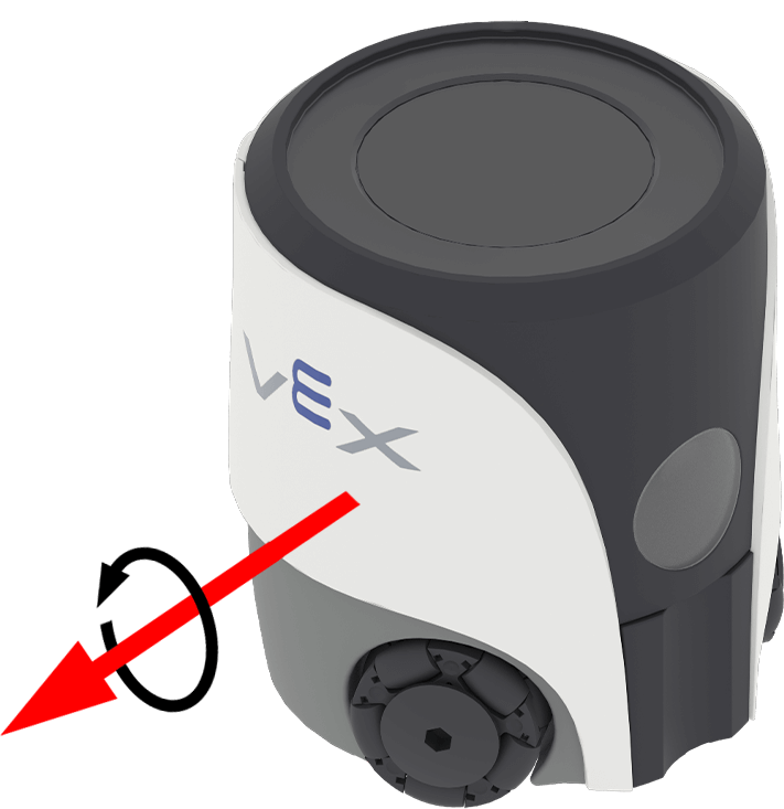 A VEX AIM Coding Robot with a red arrow extending out the side of the robot beneath the VEX logo. Around the red arrow, a black arrow curves counterclockwise, indicating the positive direction for pitch.
