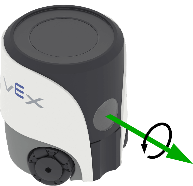 A VEX AIM Coding Robot with a green arrow extending out the front of the robot, in the center of the AI Vision sensor. Around the green arrow, a black arrow curves counterclockwise, indicating the positive direction for roll.