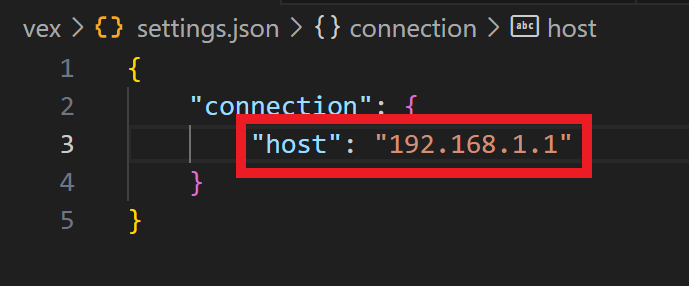 A settings.json file is open in a code editor, displaying a highlighted line where the host IP address is set to 192.165.5.1 within a JSON object under the connection key.