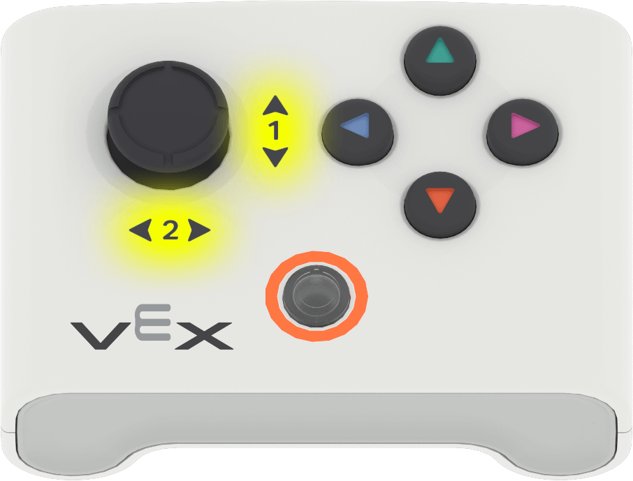 VEX AIM Controller with a joystick on the left and four buttons to the right arranged like a clock face with the buttons at 12, 3, 6, and 9 o' clock.