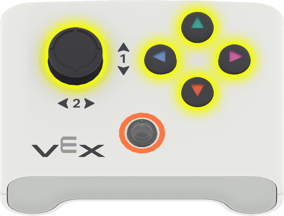 VEX AIM One Stick Controller with a joystick on the left and four buttons to the right arranged like a clock face with the buttons at 12, 3, 6, and 9 o' clock.