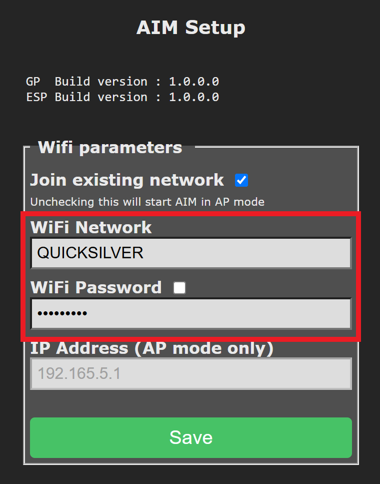 A WiFi setup form for the AIM robot with Join existing network checked, a network name entered as QUICKSILVER, and a hidden password field filled in. The IP address field is greyed out.