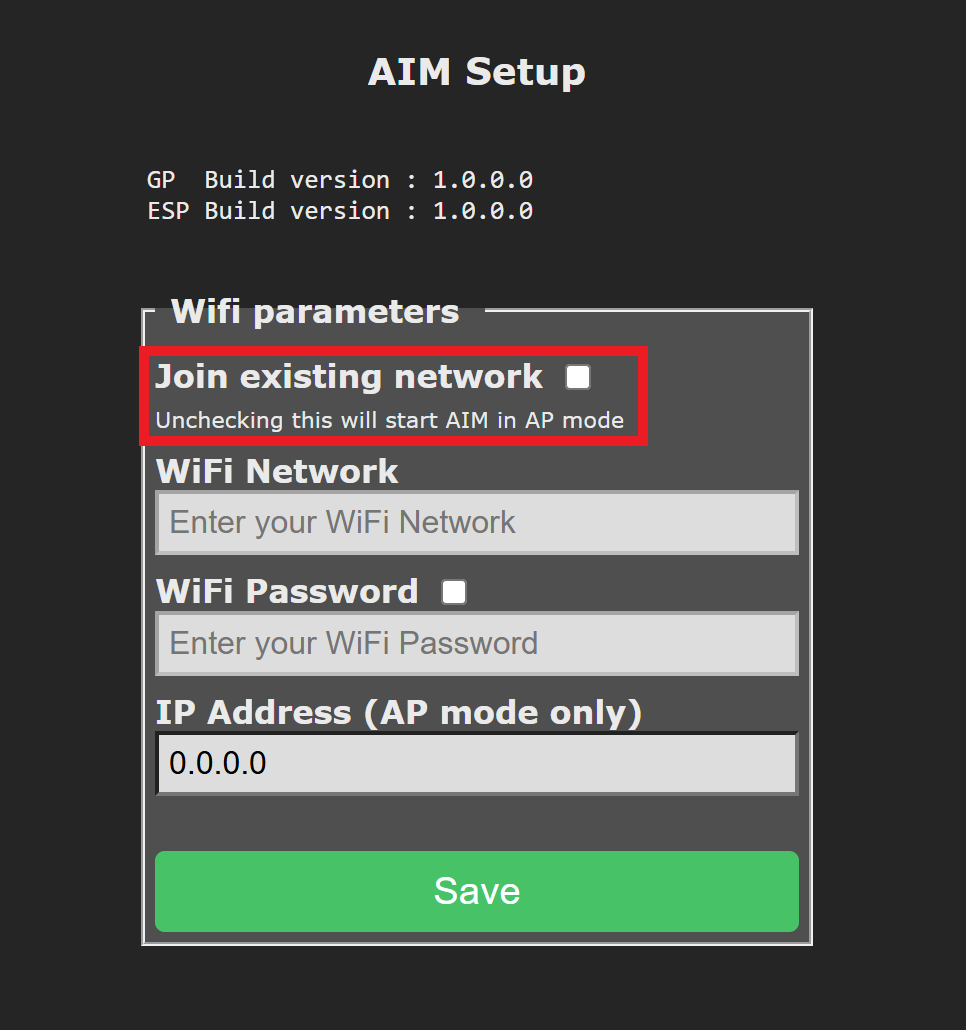 A setup screen for the AIM robot showing the WiFi parameters section with the Join existing network option unchecked, indicating the robot will start in AP mode. The IP address is set to 0.0.0.0.
