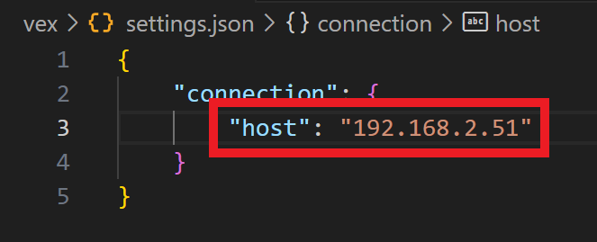 A section of a settings.json file opened in a code editor, showing the host field set to the IP address 192.168.2.51 inside a red rectangle.