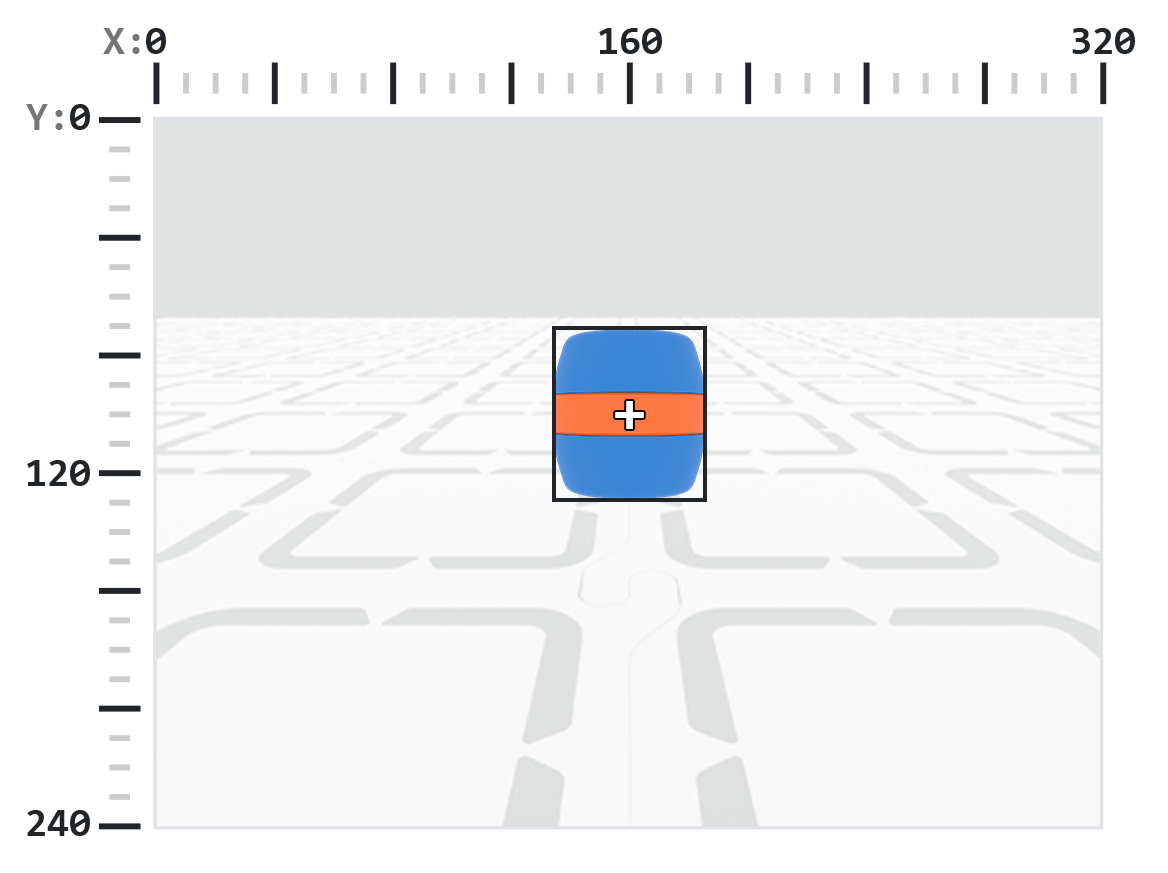 A blue barrel with an orange stripe is centered in the frame, surrounded by a black bounding box. The x and y axes are labeled 0 to 320 left to right across the top, and 0 to 240 top to bottom along the left side respectively.