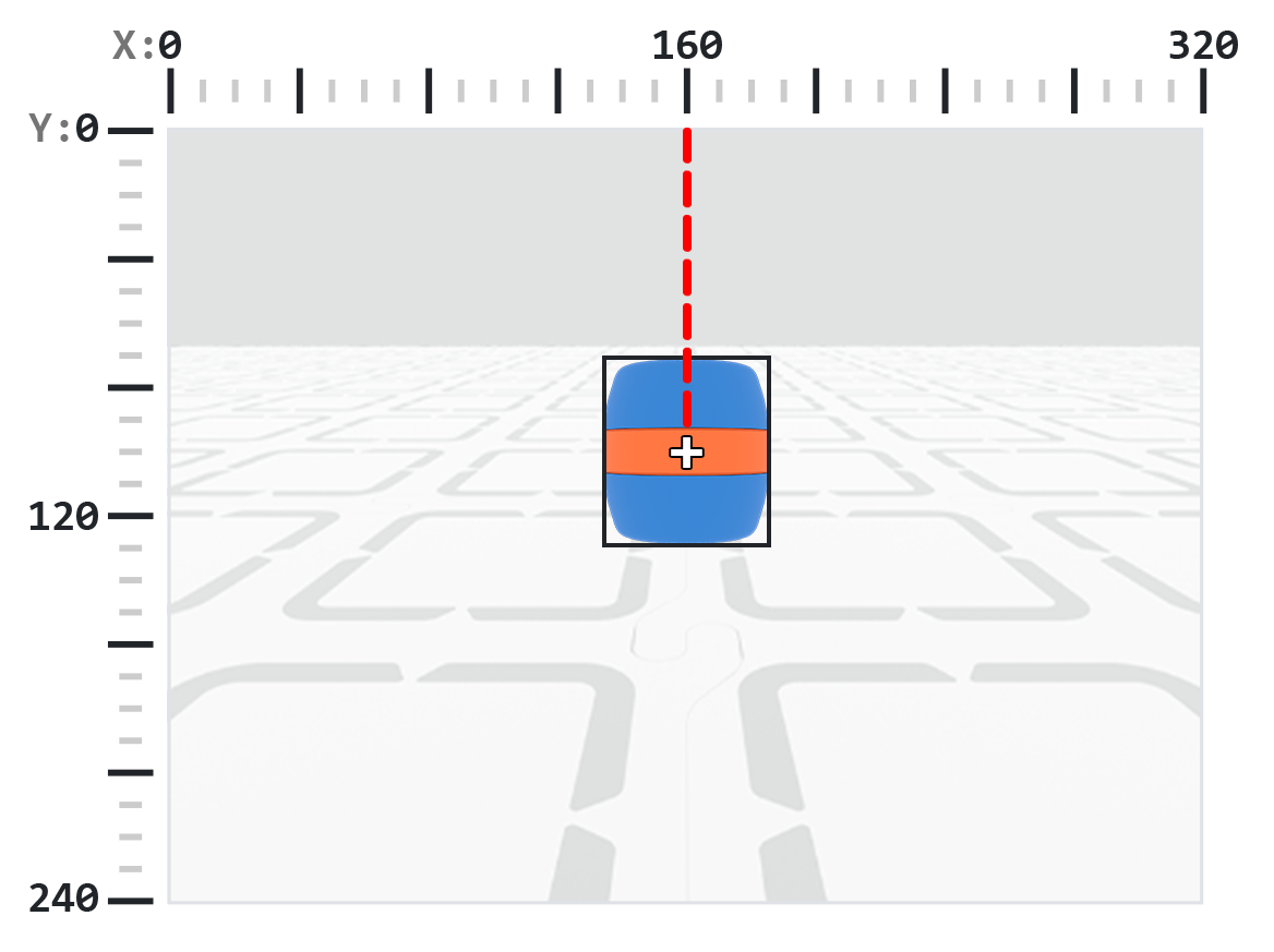 A blue barrel with an orange stripe is centered in the frame, surrounded by a black bounding box. A vertical red dashed line extends from the top of the frame down to the center of the bounding box, indicating the X-coordinate of the center.