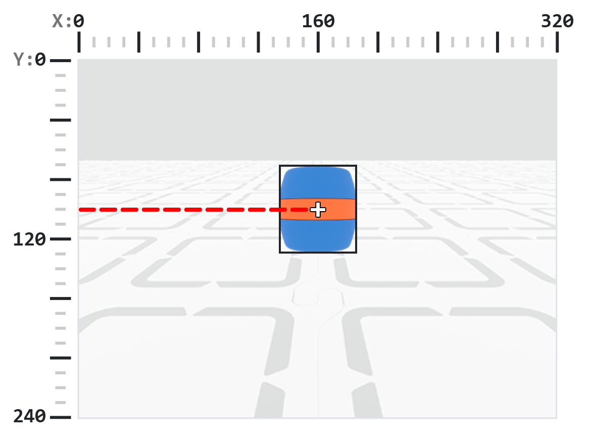 A blue barrel with an orange stripe is centered in the frame, surrounded by a black bounding box. A horizontal red dashed line extends from the left side of the frame to the center of the bounding box, indicating the Y-coordinate of the center.