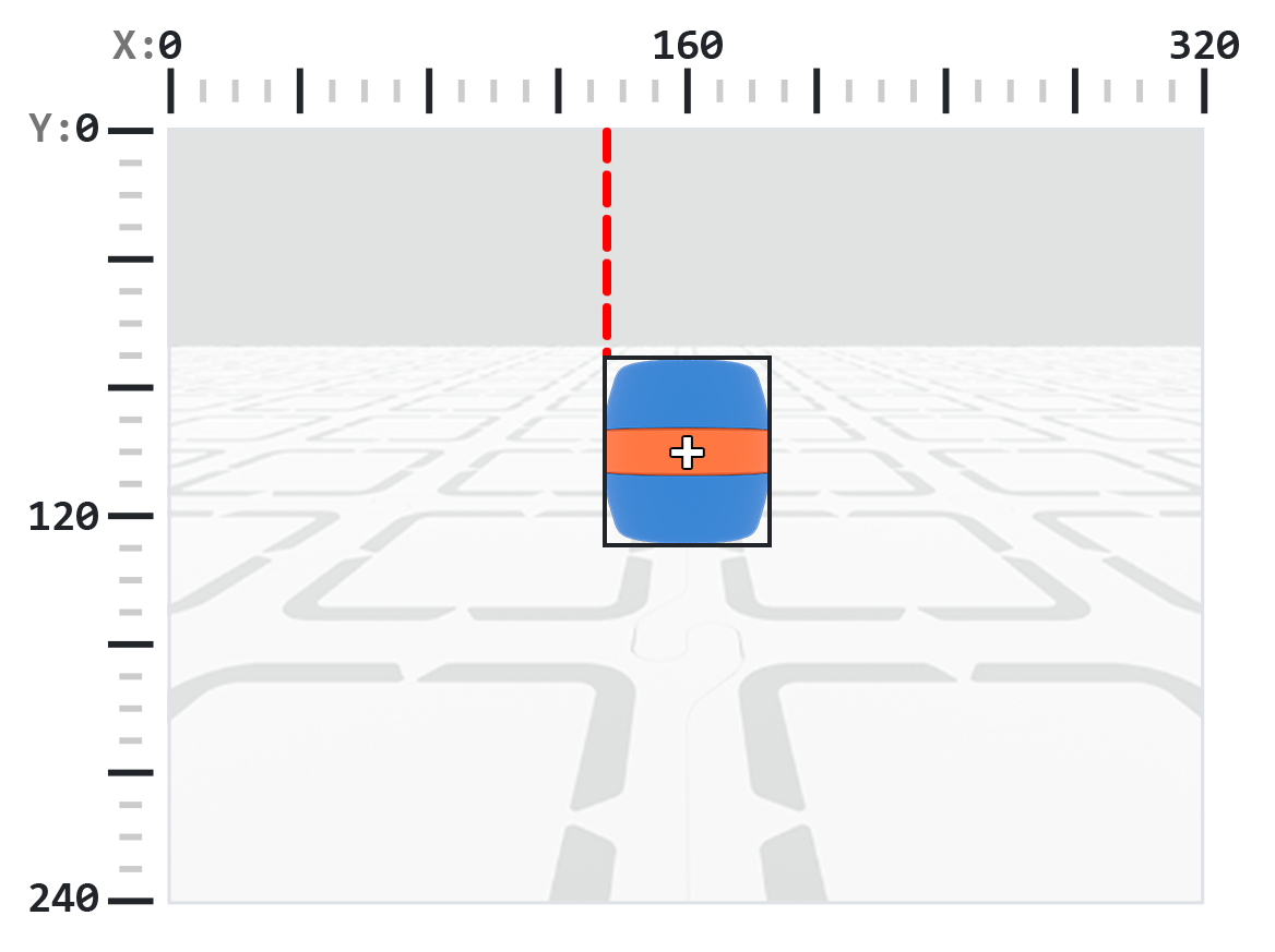 A blue barrel with an orange stripe is centered in the frame, surrounded by a black bounding box. A vertical red dashed line extends from the top of the frame to the left edge of the bounding box, indicating the X-coordinate of the bounding box's origin.