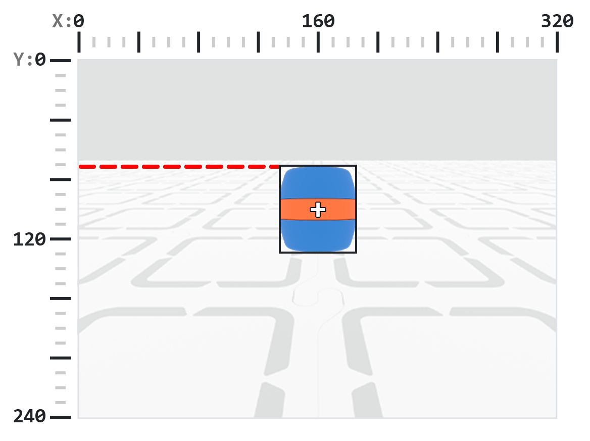 A blue barrel with an orange stripe is centered in the frame, surrounded by a black bounding box. A horizontal red dashed line extends from the left side of the frame to the top edge of the bounding box, indicating the Y-coordinate of the bounding box's origin.
