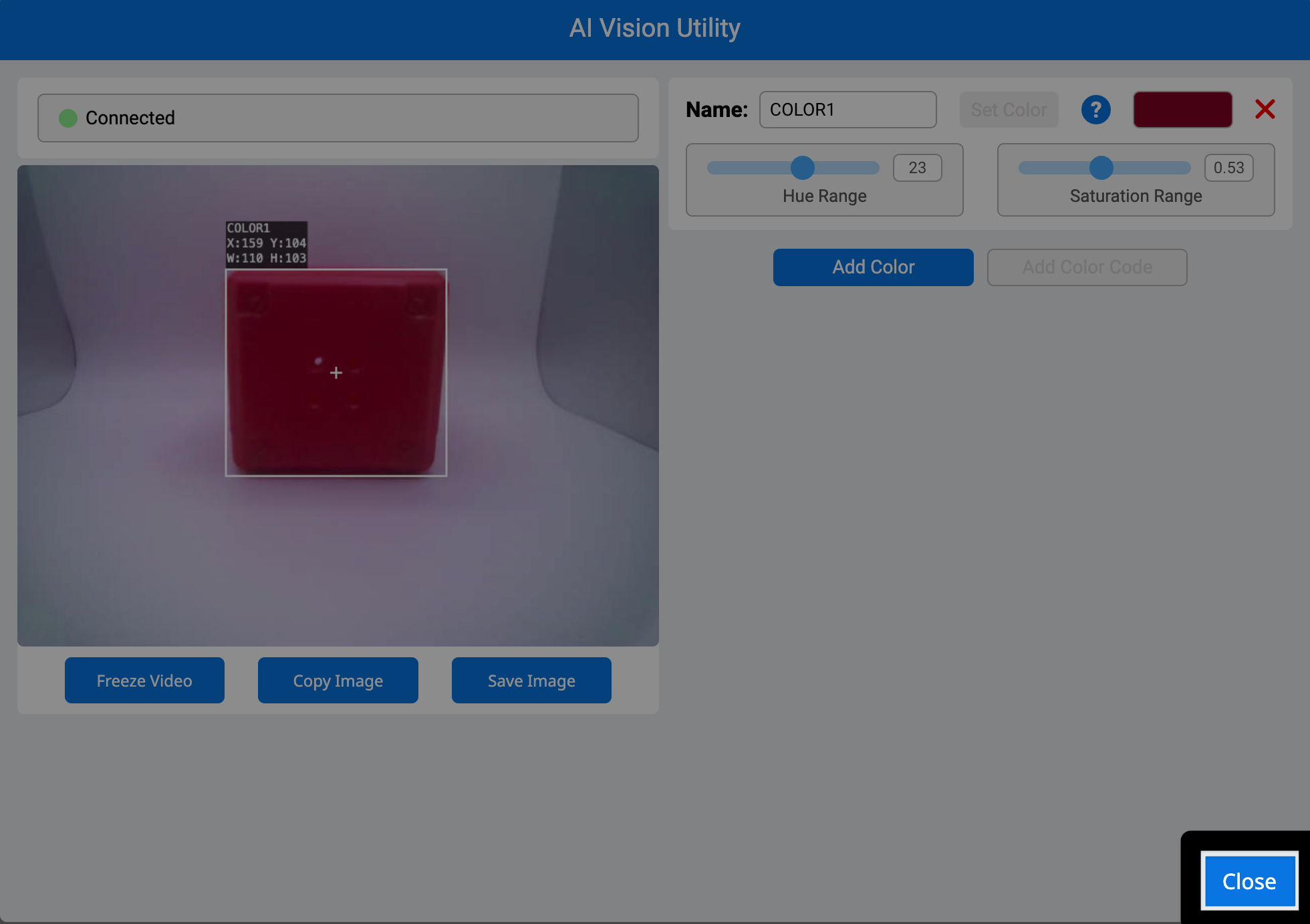 AI Vision Utility in VEXcode AIM with a highlight on the close button in the bottom right corner.