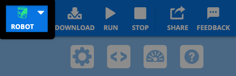 A screenshot of the upper right hand corner of the VEXcode AIM Toolbar with the green robot icon highlighted, to the right of the download button.