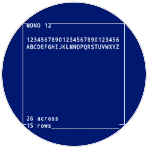 A screenshot of the robot's screen showing a sampling of numbers and letters printed in Mono 12 font. The alphabet spans 1 row of text. The bottom reads 26 characters across and 15 rows.