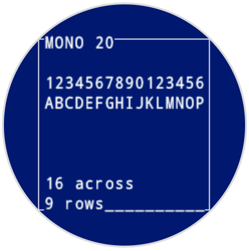 The same image as the one previous, with Mono 20 font. The letters A-P span 1 row of text. The bottom reads 16 characters across and 9 rows.