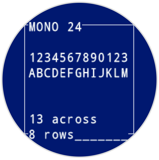 The same image as the one previous, with Mono 24 font. The letters A-M span 1 row of text. The bottom reads 13 characters across and 8 rows.
