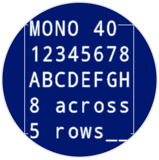 Same image as the one previous, with Mono 40 font. The letters A-H span 1 row of text. The bottom reads 8 characters across and 5 rows.