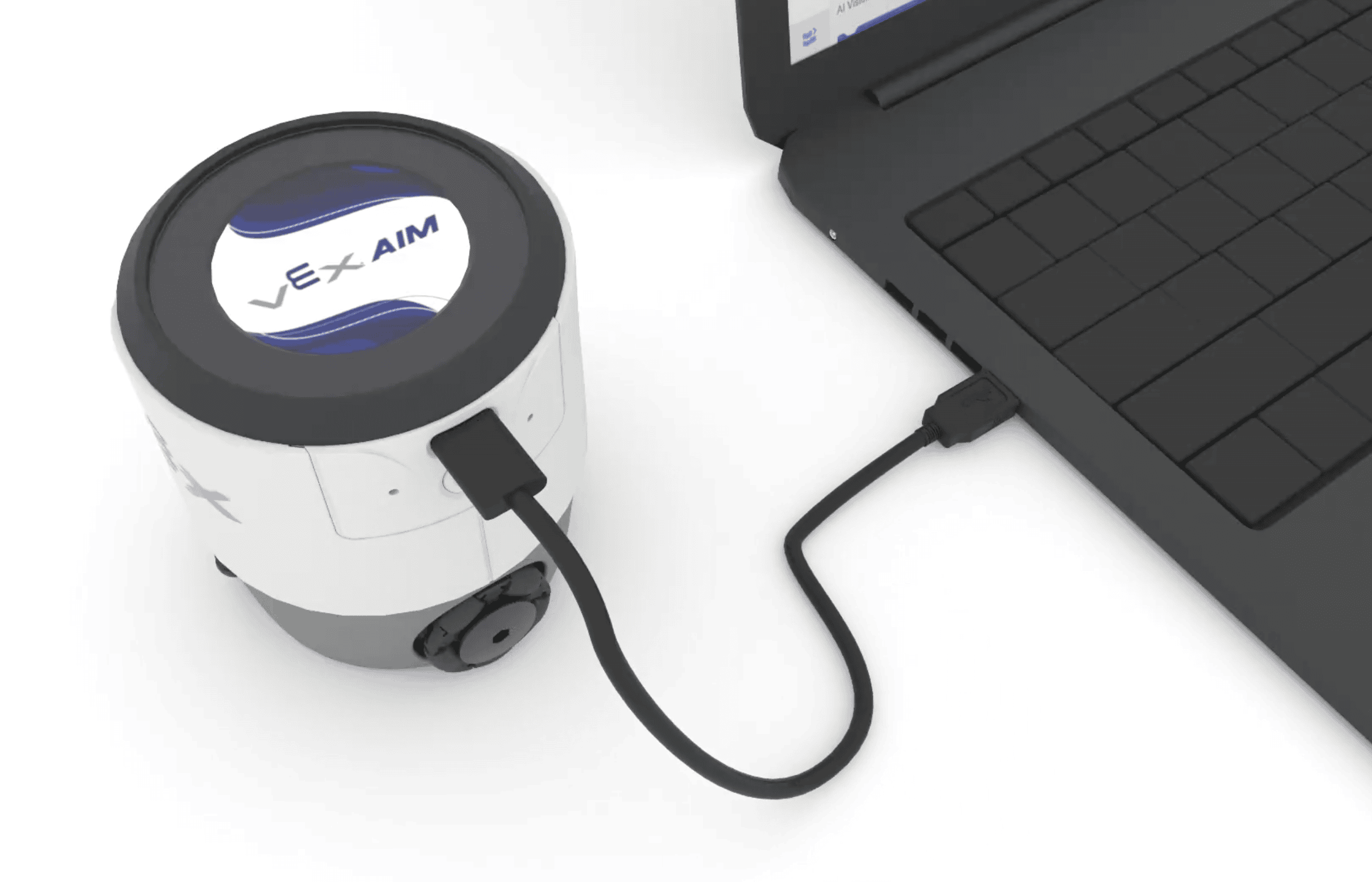 AIM Robot to the left of a laptop with a cable connecting the two electronics.