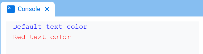 The VEXcode Console, showing the Console and blue-colored text saying "Default text color" displayed on the first line and red-colored "Red text color" on the second line.