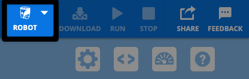 Screenshot of the upper right hand corner of the VEXcode AIM Toolbar, with the white Robot icon highlighted, to the left of the grayed out download button.