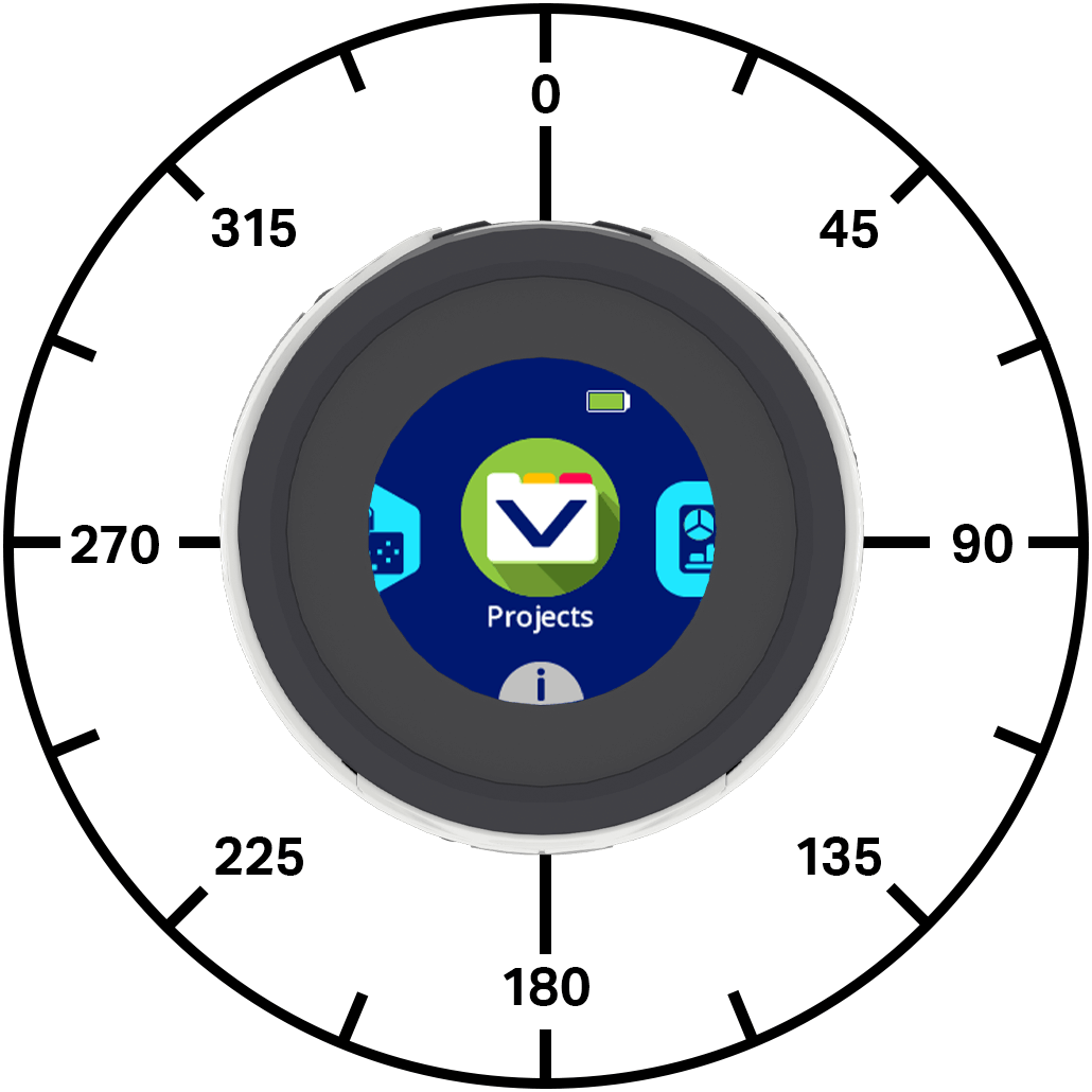Circular compass dial from 0-315 degrees surrounding a dark gray display with navy blue screen. The front of the robot faces 0 degrees on the compass dial.