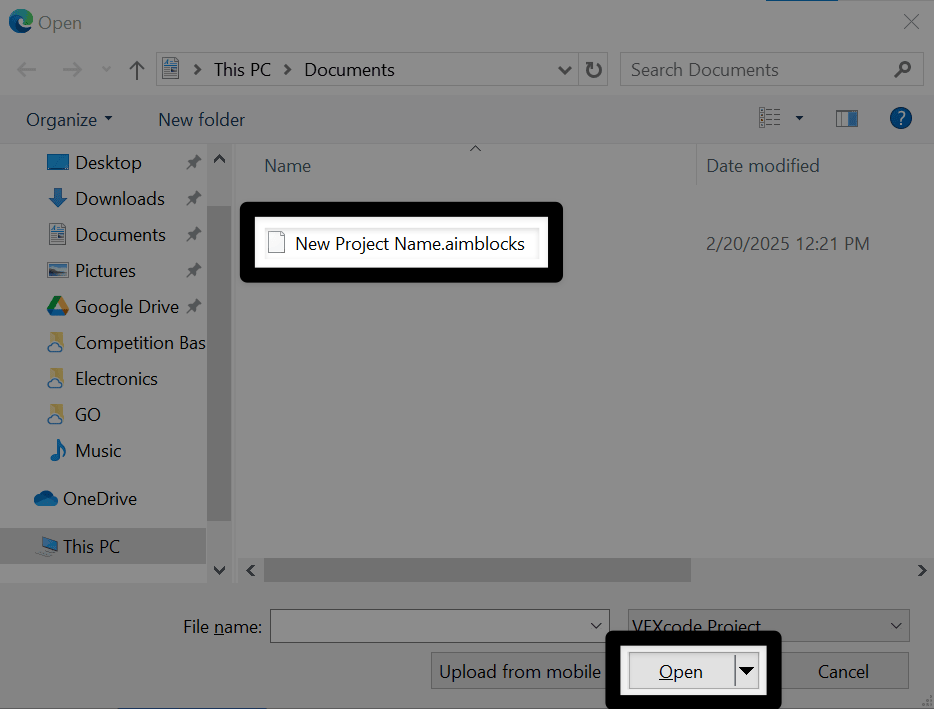 A Windows file navigation screen is shown with a VEXcode AIM project selected, and the Open button in the lower right hand corner highlighted, indicating what to select to open a project.