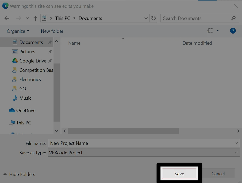 The same Windows file saving dialog window, this time with the Save button in the lower right hand corner highlighted indicating what to select to save the project to the device.