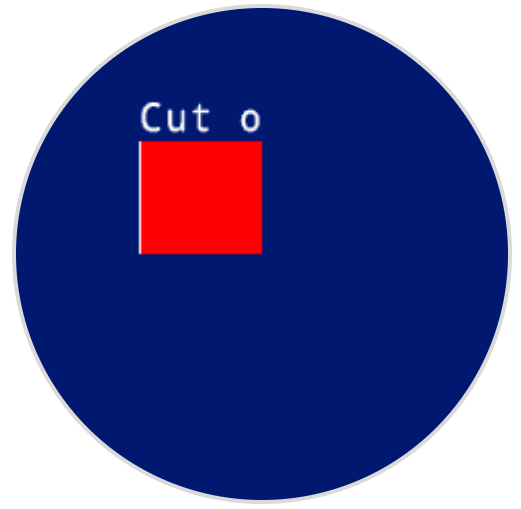 A screenshot of the robot's screen showing the text and image that fit in the clip region. In the upper left quadrant, white text reads Cut o, with a red square directly beneath.