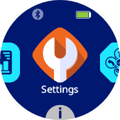 A circular screen showing the VEX AIM interface with the Settings tile highlighted in the center. The tile has a white wrench icon on an orange diamond with the label Settings below it, surrounded by other icons on a dark blue background.