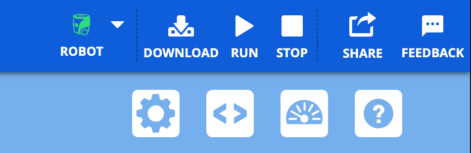 Screenshot of the the upper right hand corner of the VEXcode AIM Toolbar with the Robot icon showing green and the Download, Run, and Stop buttons to the right.