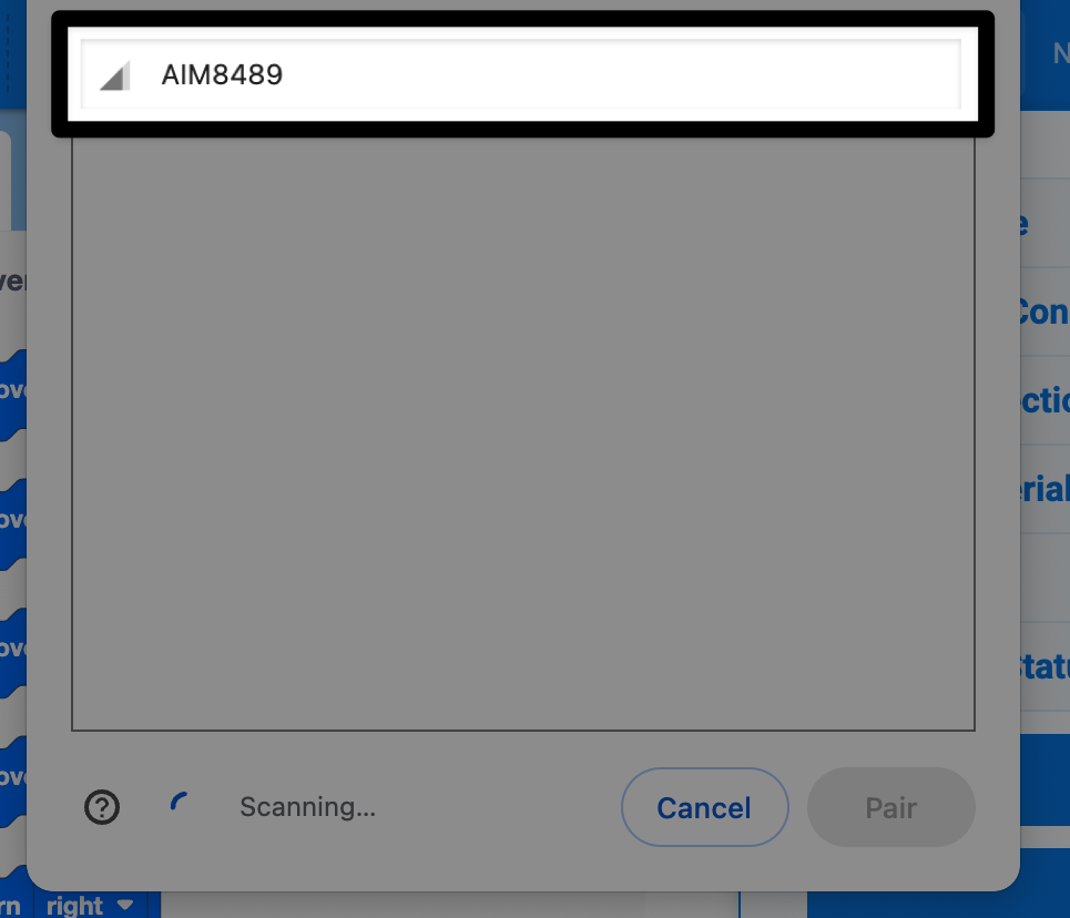 A dialog box shows AIM8489 in a list of devices to pair to. It is highlighted.