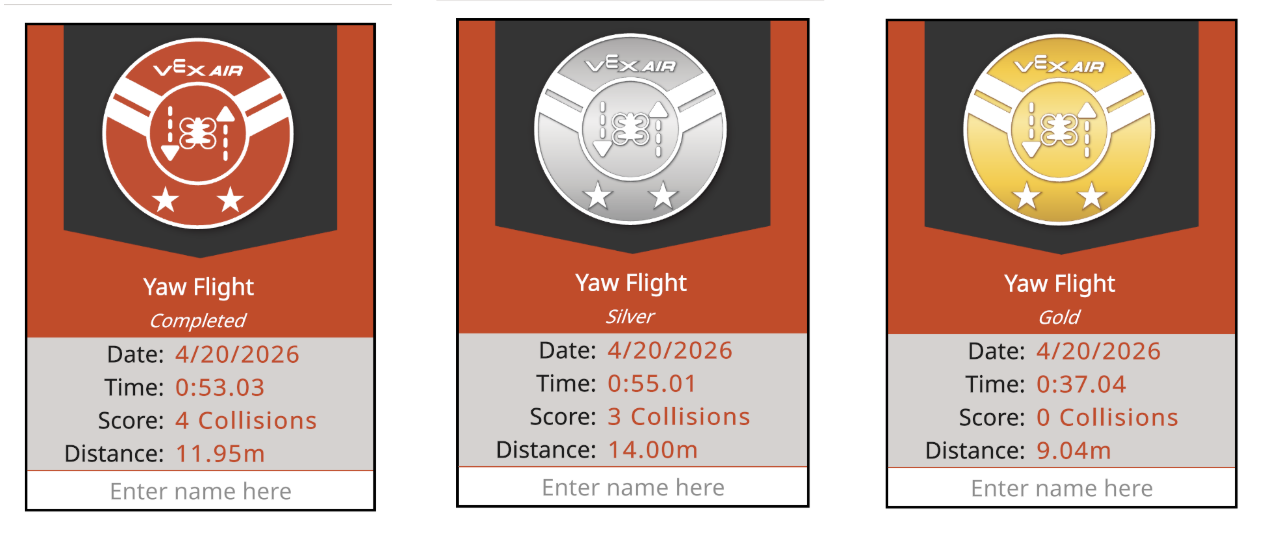 Three badges for a mission showing Completed (orange), Silver, and Gold levels side-by-side.