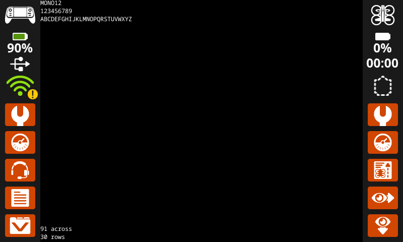 A screenshot of the VEX AIR Drone Controller screen with an assortment of letters and numbers printed in white in the upper left hand corner in Mono 12 font. The letters A-Z are on one line, and take up about a third of the width of the screen. In the lower left corner, it reads 91 characters across and 30 rows.