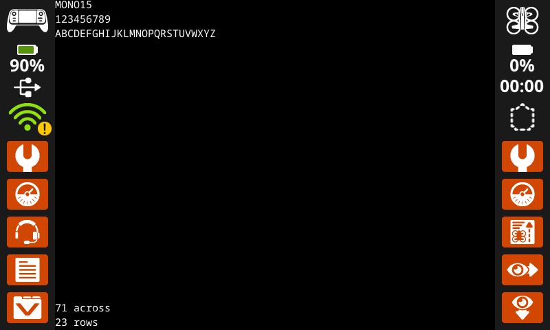The same image as the one previous, now with Mono 15 font. The letters A-Z are on one line, and take up nearly half the width of the screen. In the lower left corner, it reads 71 characters across and 23 rows.