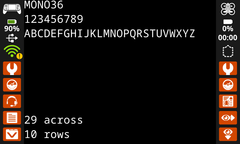 The same image as the one previous, now with Mono 36 font. The letters A-Z are on one line, spanning nearly the width of the screen. In the lower left corner, it reads 29 characters across and 10 rows.