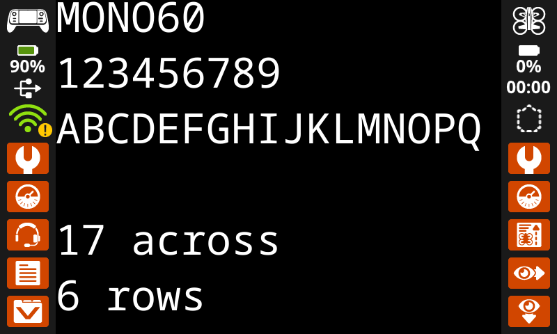 The same image as the one previous, now with Mono 60 font. The letters A-Q are on one line, spanning the width of the screen. In the lower left corner, it reads 17 characters across and 6 rows.