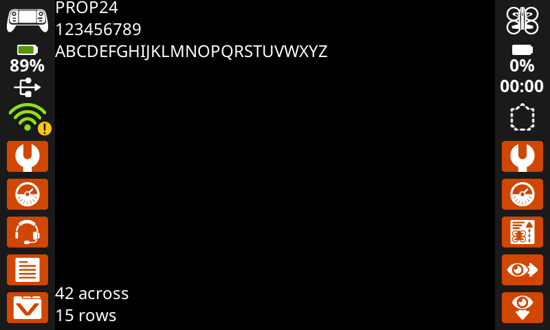 The same image as the one previous, now with Prop 24 font. The letters A-Z are on one line, and take up about two thirds of the width of the screen. In the lower left corner, it reads 42 characters across and 15 rows.