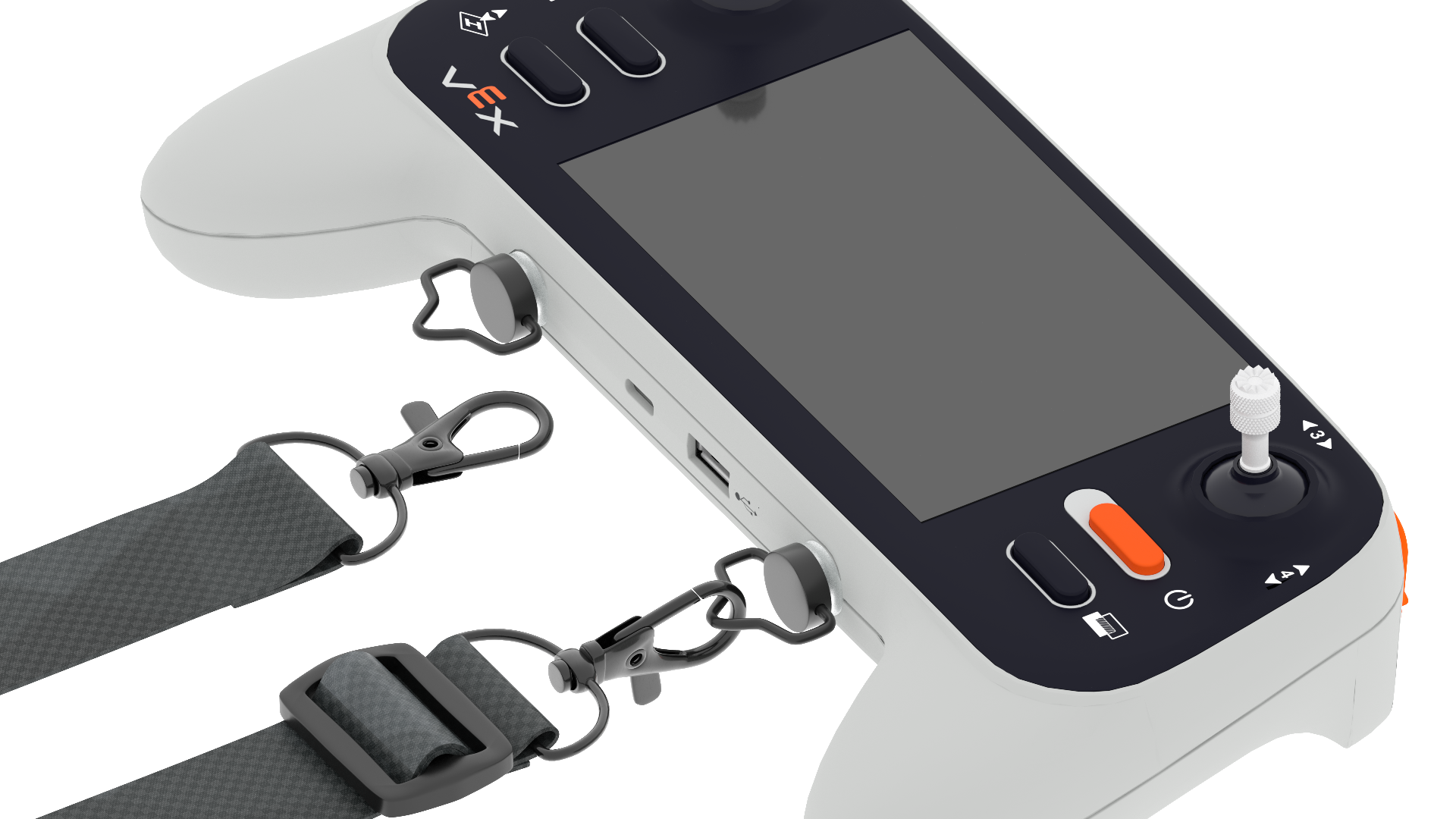 The controller has the lanyard attached on the right side, with the left side pin in the controller, and the lanyard clip ready to be attached.