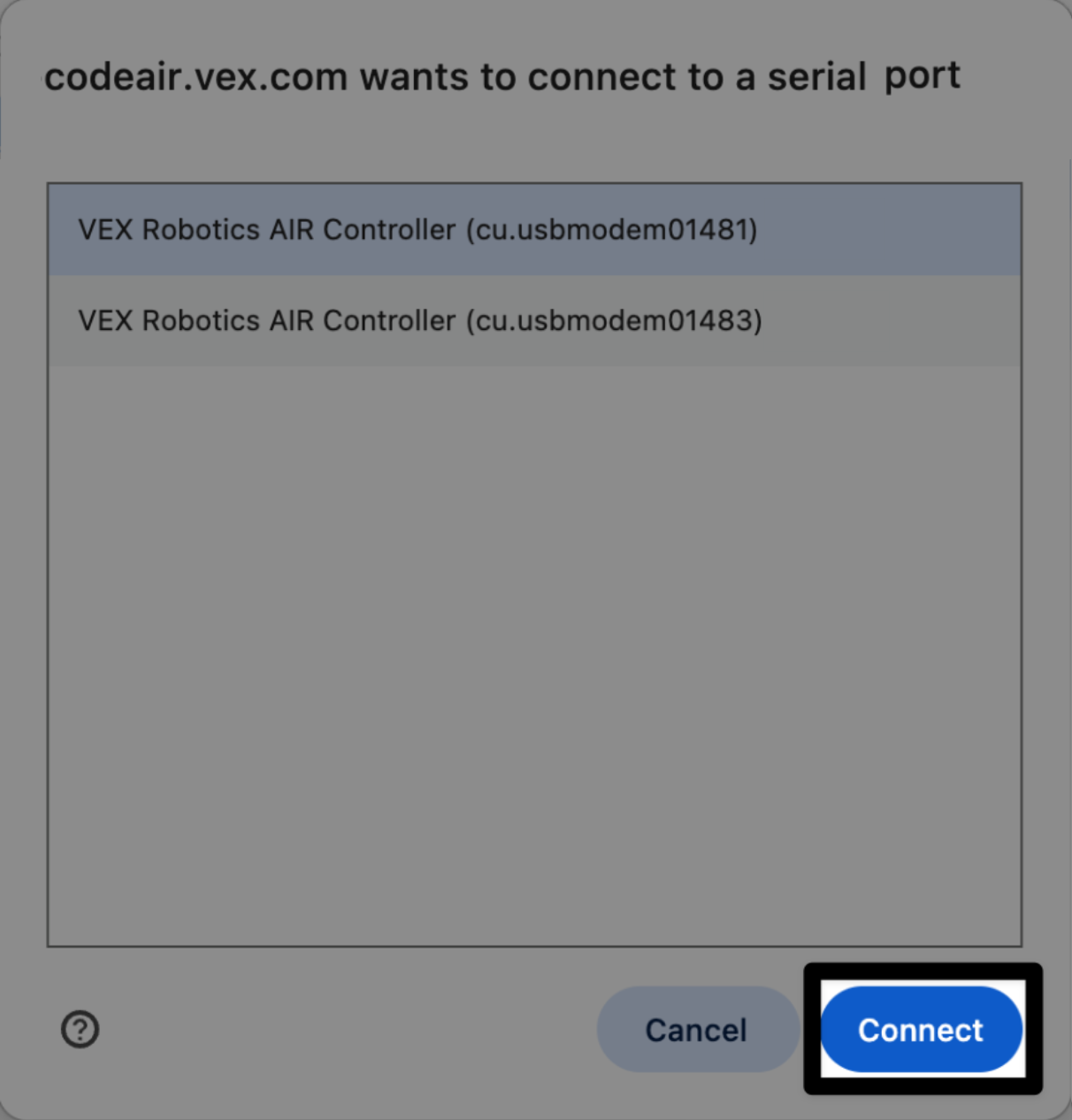 The same image as above, now with the Connect button in the lower right corner highlighted.