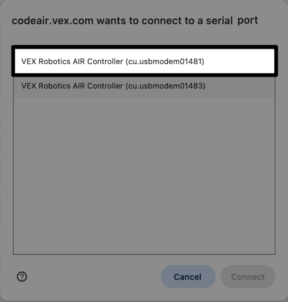 A prompt reads codeair.vex.com wants to connect to a serial port, and the first option with the lowest ID number is highlighted, indicating what to select.