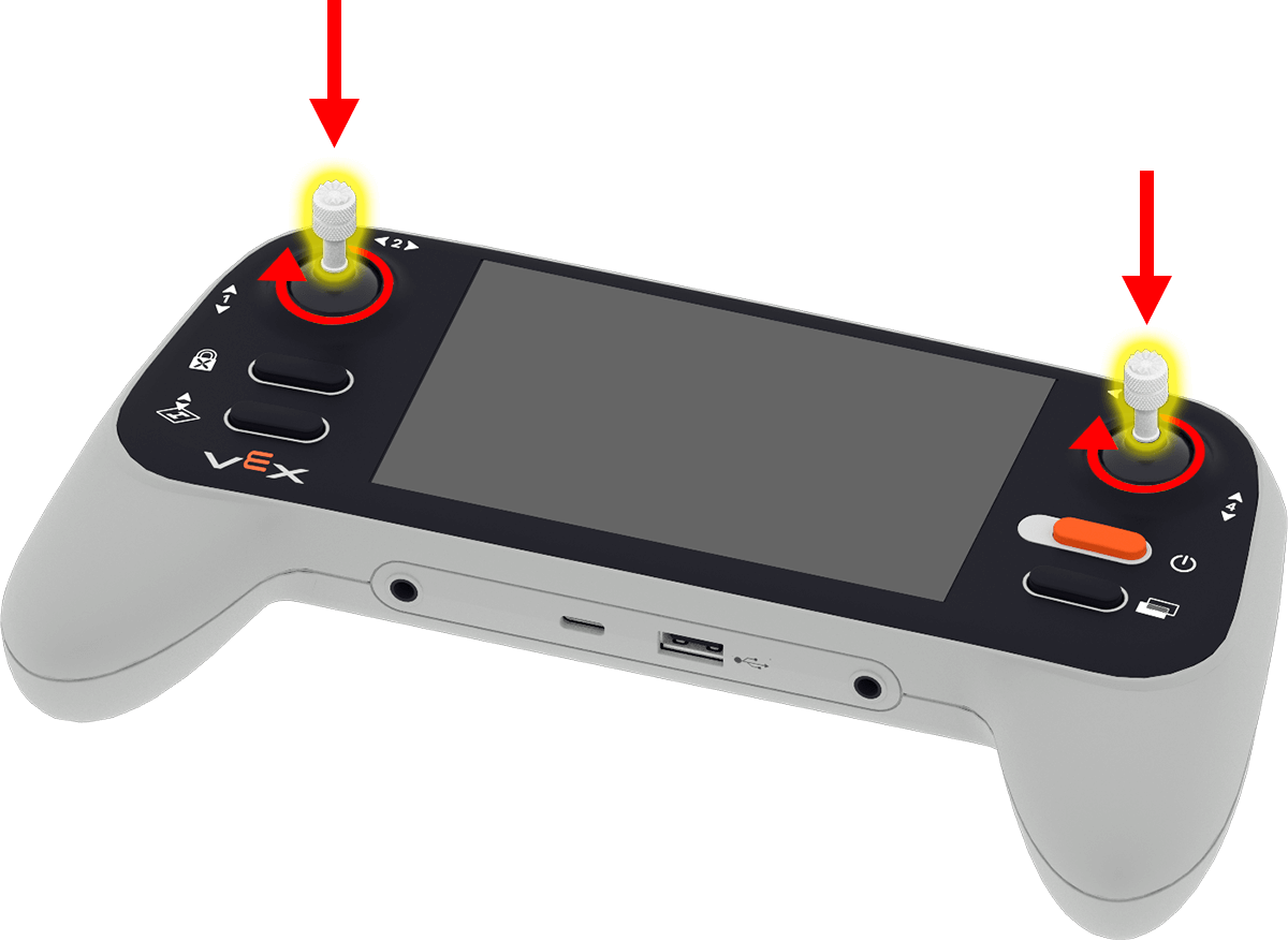 The VEX AIR Drone Controller with the two joysticks highlighted. Circular arrows pointing clockwise around each indicate the direction to turn the joysticks to tighten or attach them.