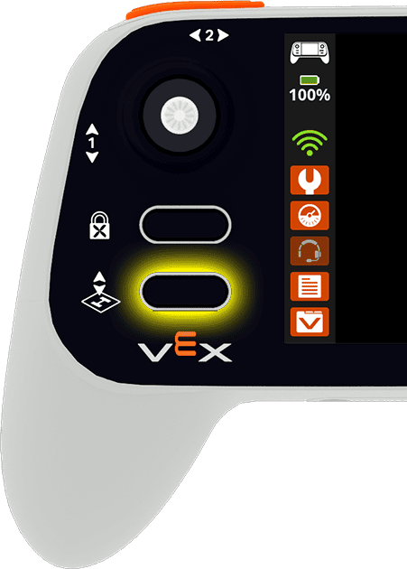 Close-up of the left side of a VEX AIR Drone controller with the lower takeoff and landing button highlighted in yellow.