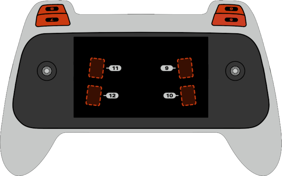 A VEX AIR Drone Controller showing buttons 5 through 12. Buttons 5 and 6 are on the back of the right side of the controller, perpendicular to the joystick. Buttons 7 and 8 are in the same position on the left side. Buttons 9 through 12 are on the bottom surface of the controller, with 9 in the upper right corner above 10, and 11 in the upper left corner above 12.