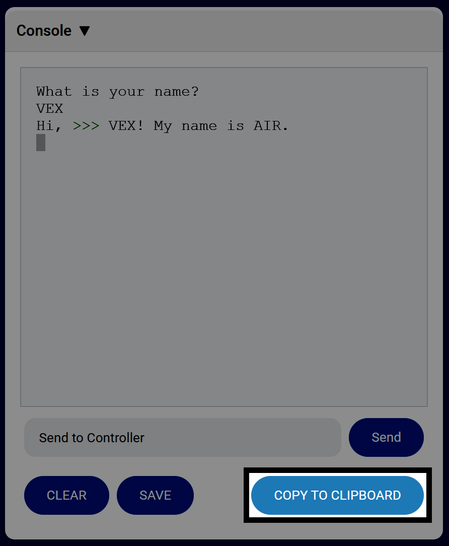 Console window displaying text output, with the Copy to Clipboard button highlighted below the console.