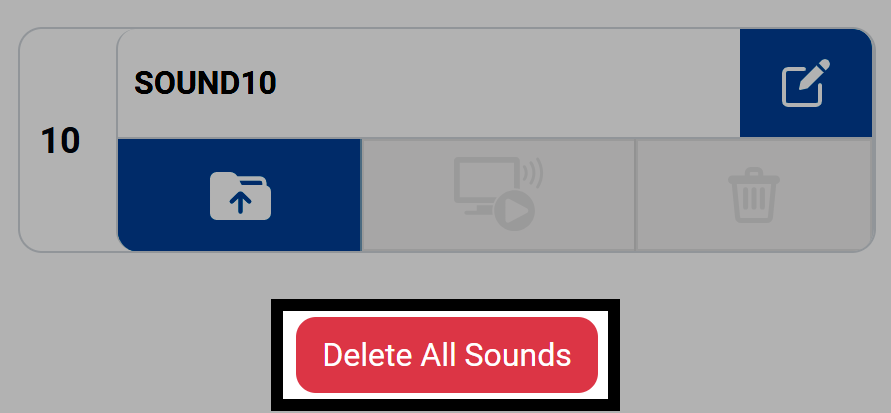 A close up screenshot of the bottom of the Sounds tab in the Control Panel showing row 10 with the Delete All Sounds button in the bottom center highlighted.